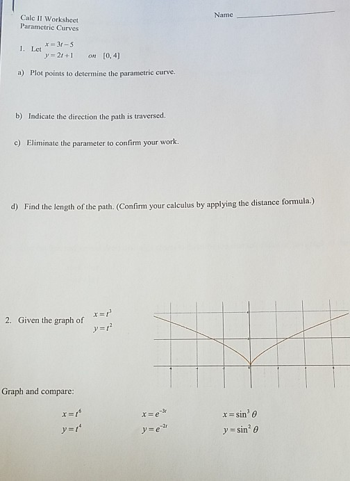 Solved Name Calc II Worksheet Parametric Curves Let x=3,-5 | Chegg.com