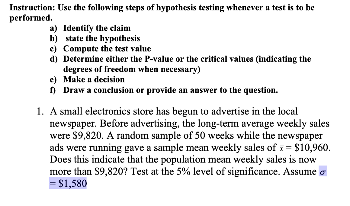Solved Instruction: Use the following steps of hypothesis | Chegg.com
