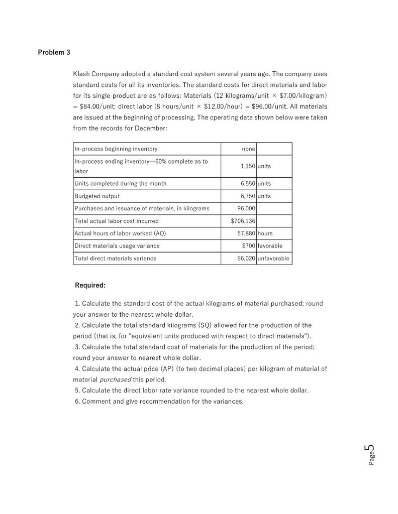 Klash Company adopted a standard cost system several
