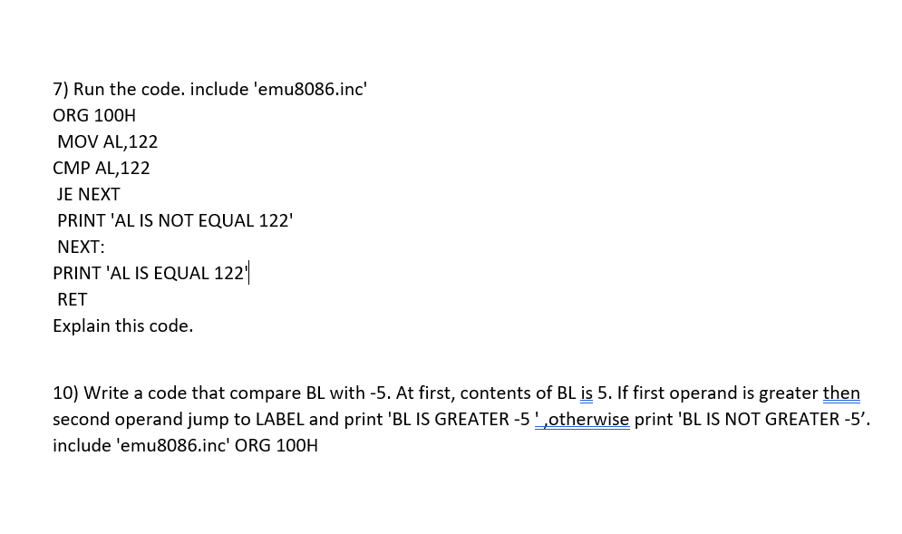 Solved 7) Run the code. include 'emu8086.inc' ORG 100H MOV | Chegg.com