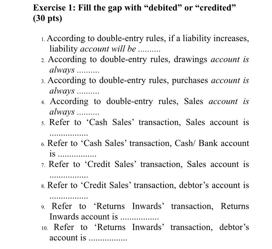 Solved Exercise 1: Fill the gap with “debited” or “credited” | Chegg.com