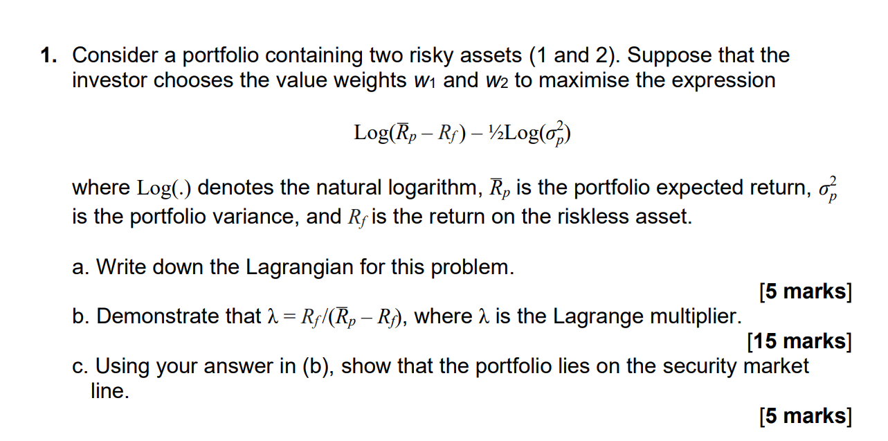 1. Consider A Portfolio Containing Two Risky Assets | Chegg.com