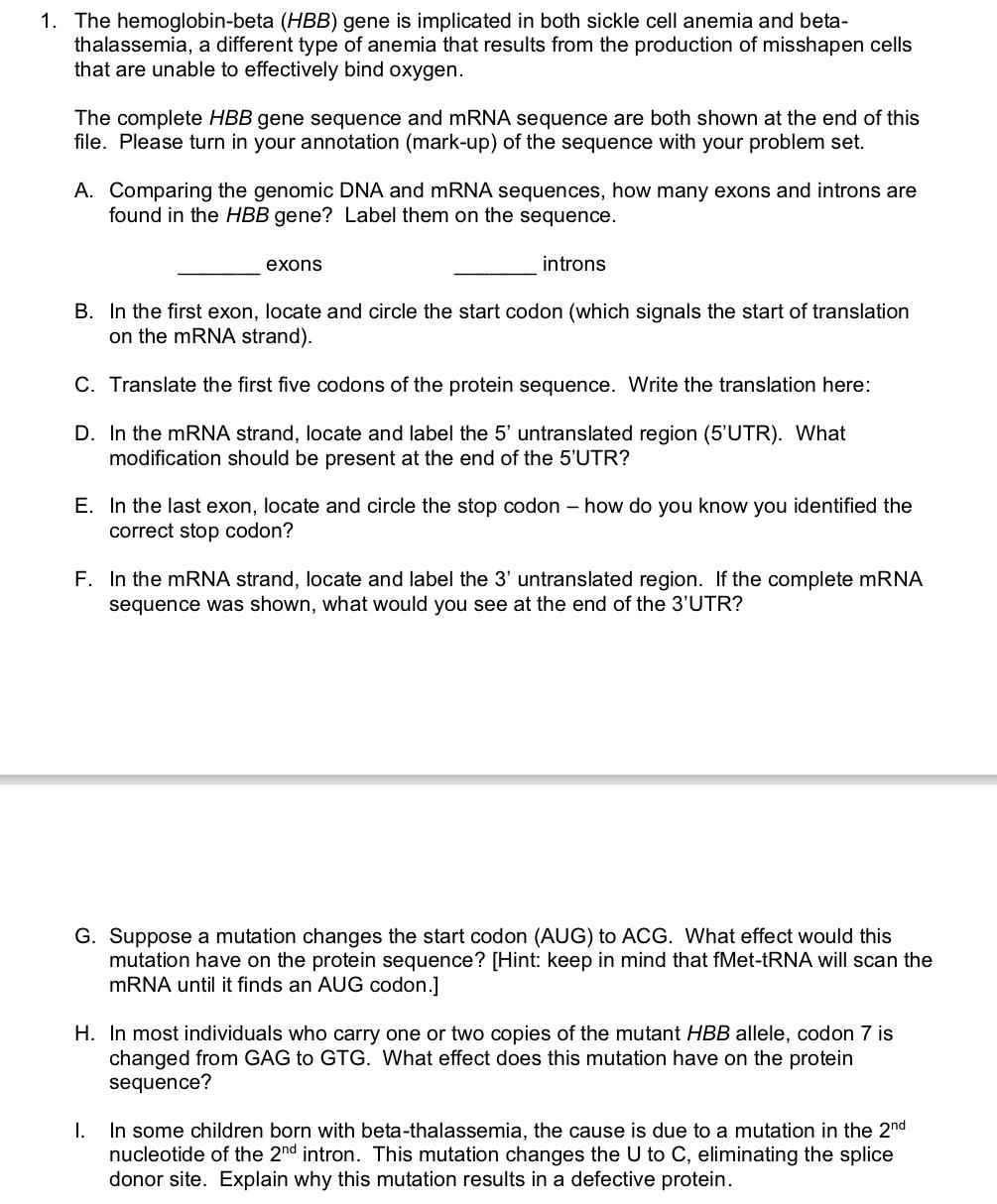 Solved 1. The hemoglobin-beta (HBB) gene is implicated in | Chegg.com