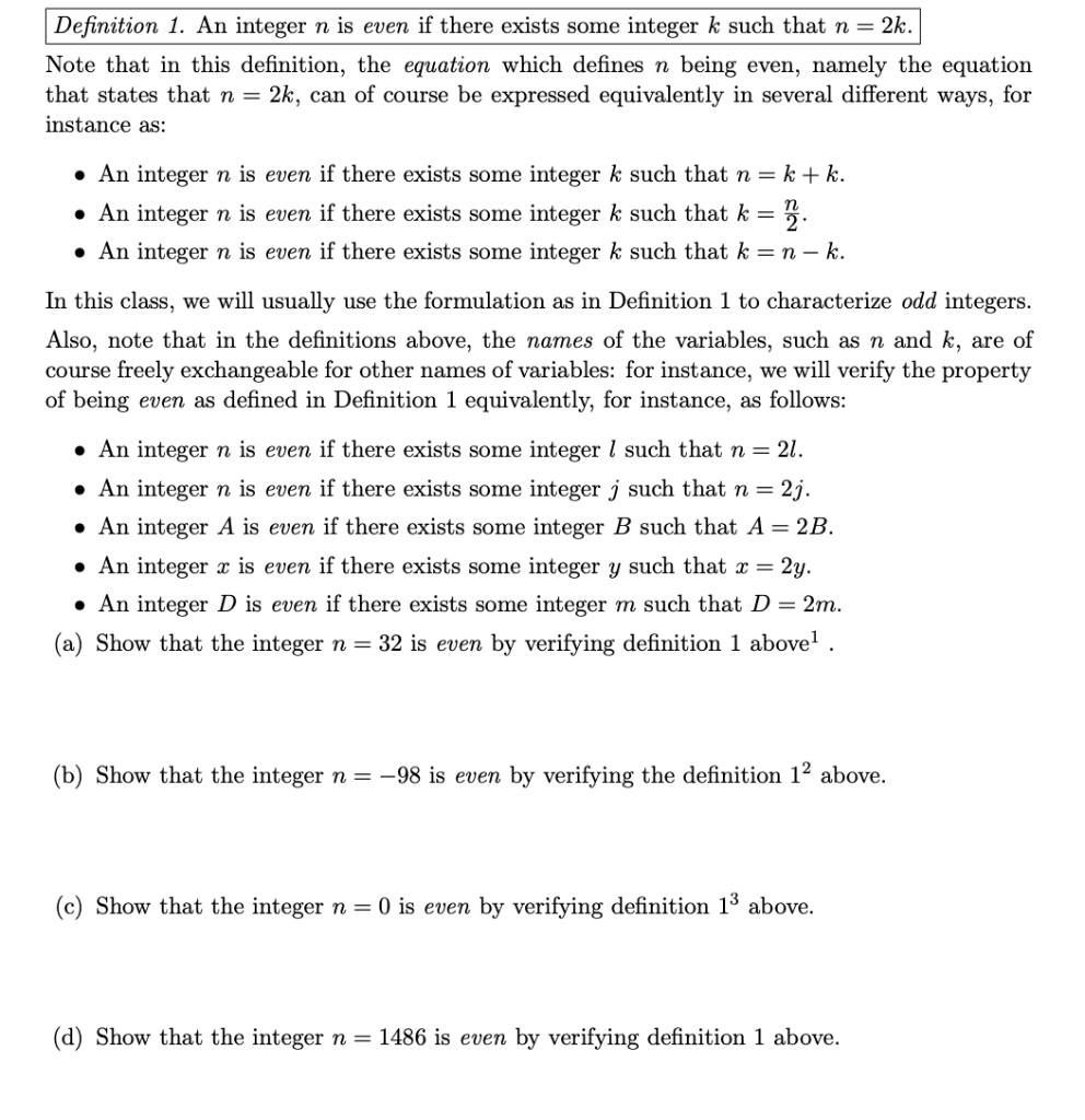 Solved Definition 1. An integer n is even if there exists | Chegg.com