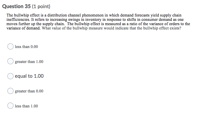 Solved Question 35 (1 Point) The Bullwhip Effect Is A | Chegg.com