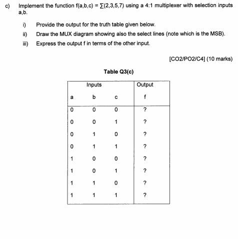 Solved c) Implement the function f(a,b,c) = {(2,3,5,7) using | Chegg.com