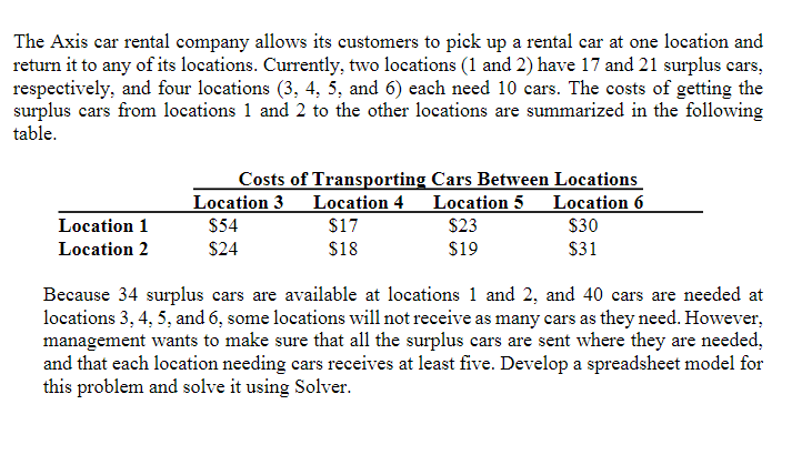 Solved The Axis car rental company allows its customers to | Chegg.com