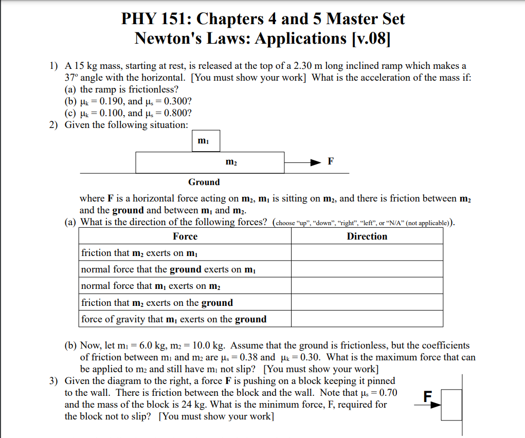 Solved PHY 151: Chapters 4 and 5 Master Set Newton's Laws: | Chegg.com