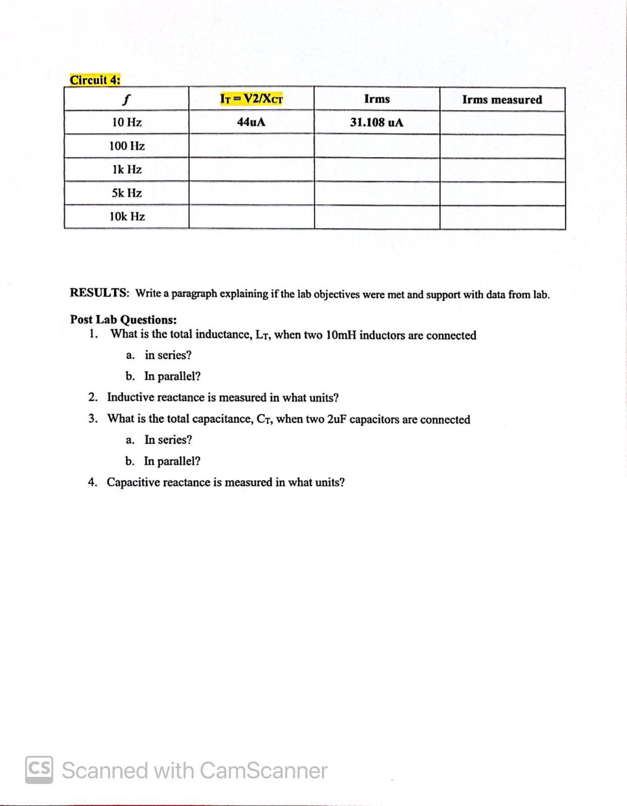 Solved Parallel Reactance Circuit 4: For each frequency, | Chegg.com