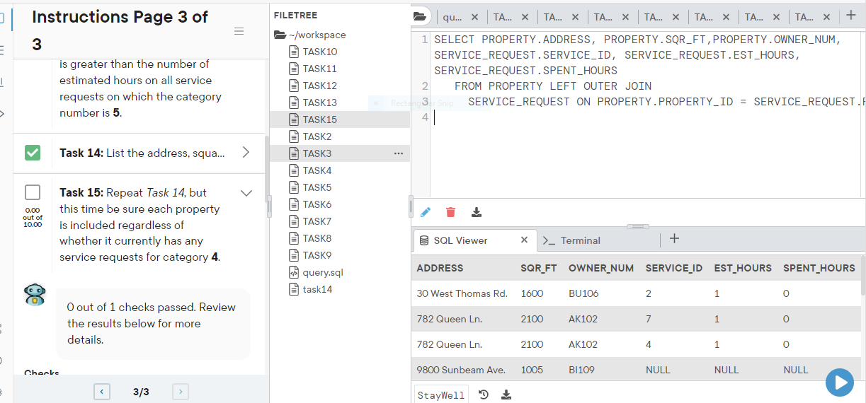 Solved Task 14: List the address, square footage, owner | Chegg.com