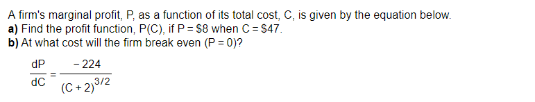 Solved A firm's marginal profit, P, as a function of its | Chegg.com