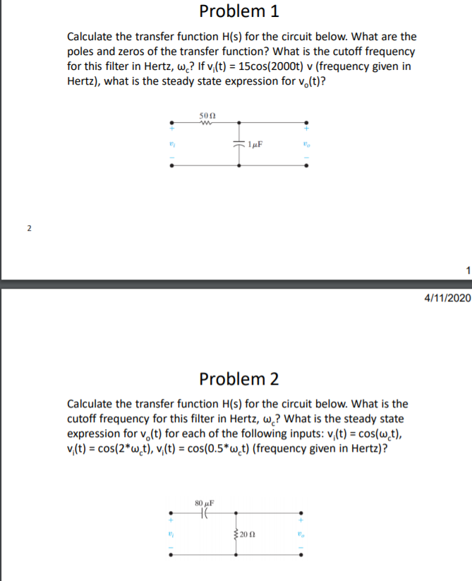 Solved Problem 1 Calculate The Transfer Function H S For Chegg Com