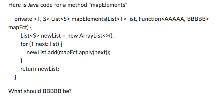 Here is Java code for a method mapElements
private \( \langle\mathrm{T}, \mathrm{S}> \) List \( <\mathrm{S}> \) mapElements