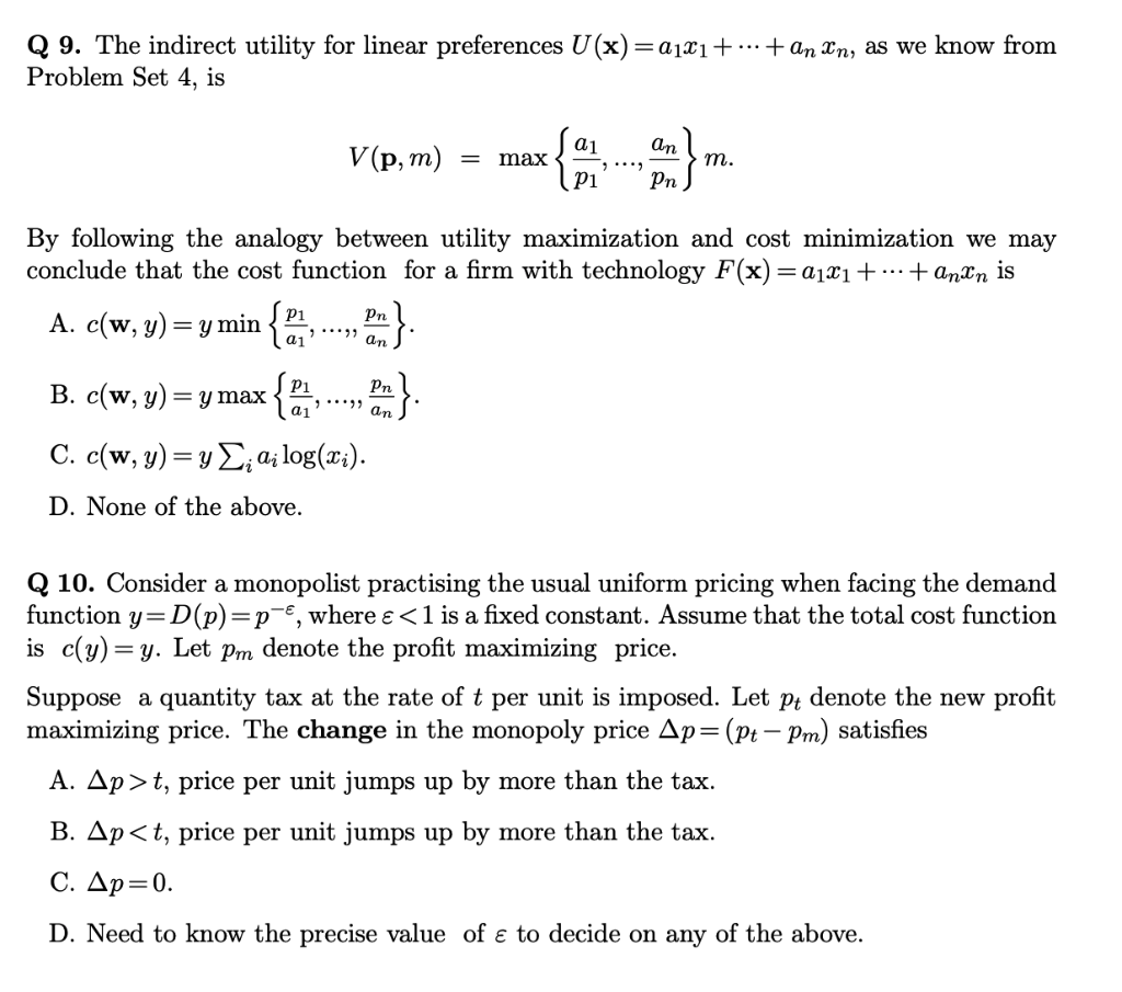 Q 9 The Indirect Utility For Linear Preferences U Chegg Com