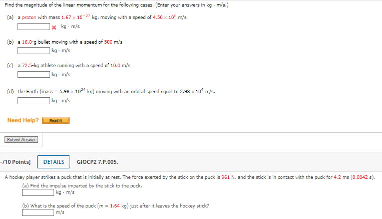 Solved Find The Magnitude Of The Linear Momentum For The | Chegg.com