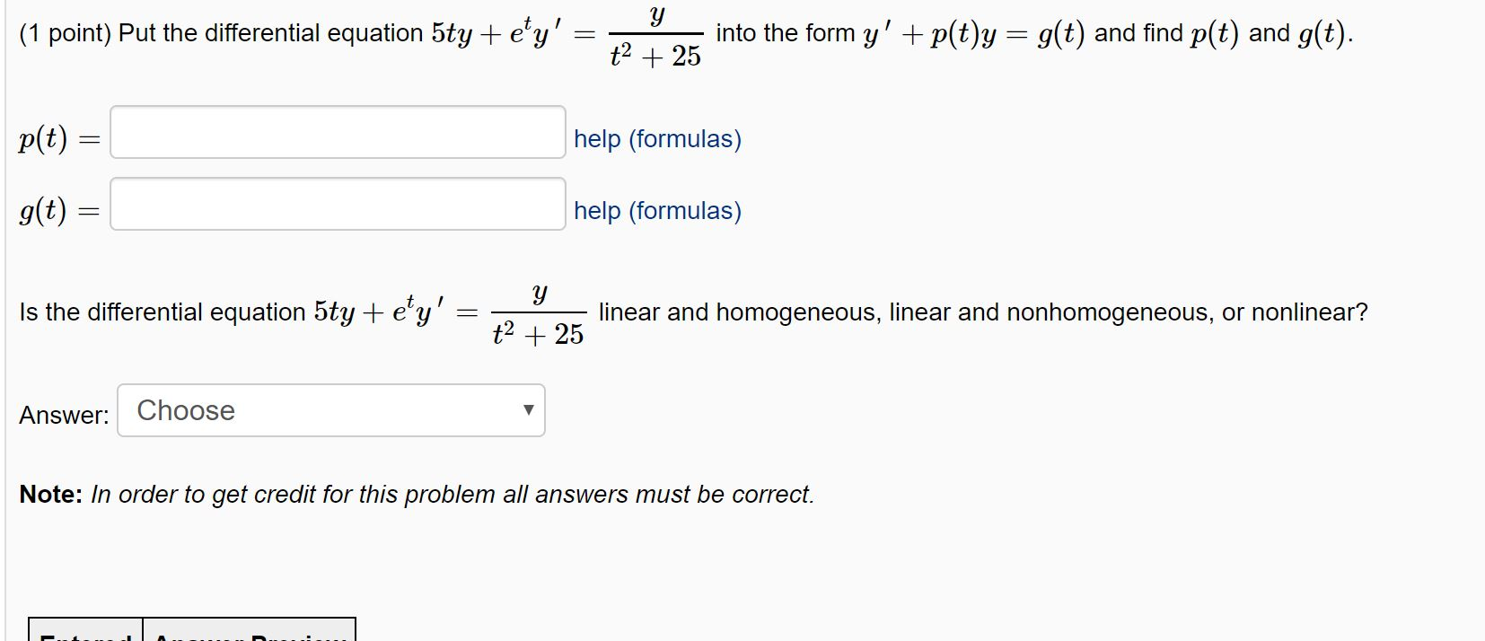 Solved y (1 point) Put the differential equation 5ty +ety' =