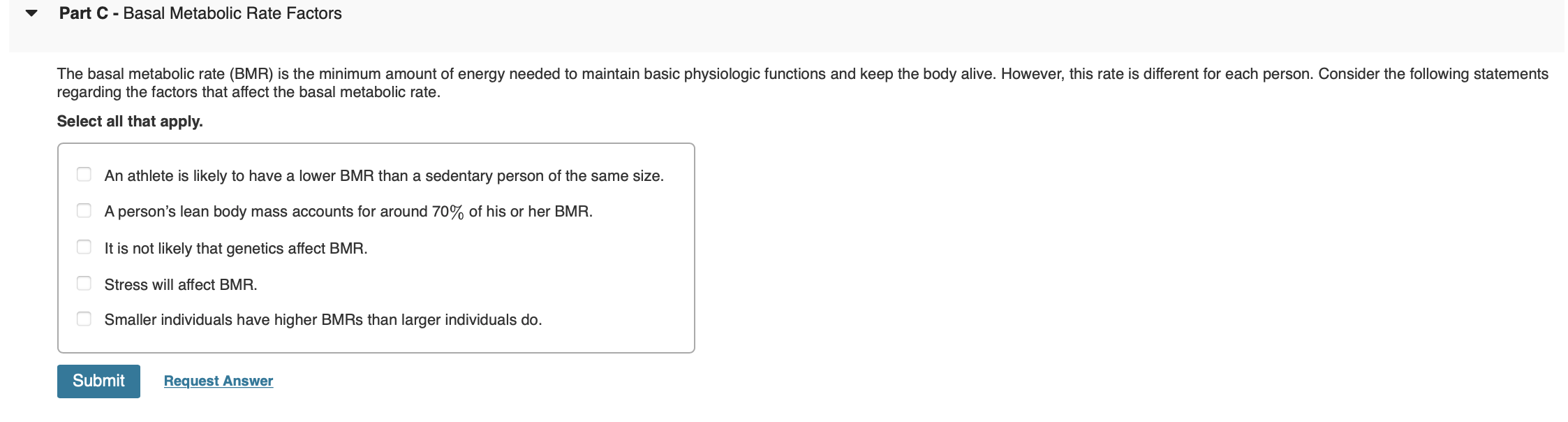 Solved Part C Basal Metabolic Rate Factors The basal
