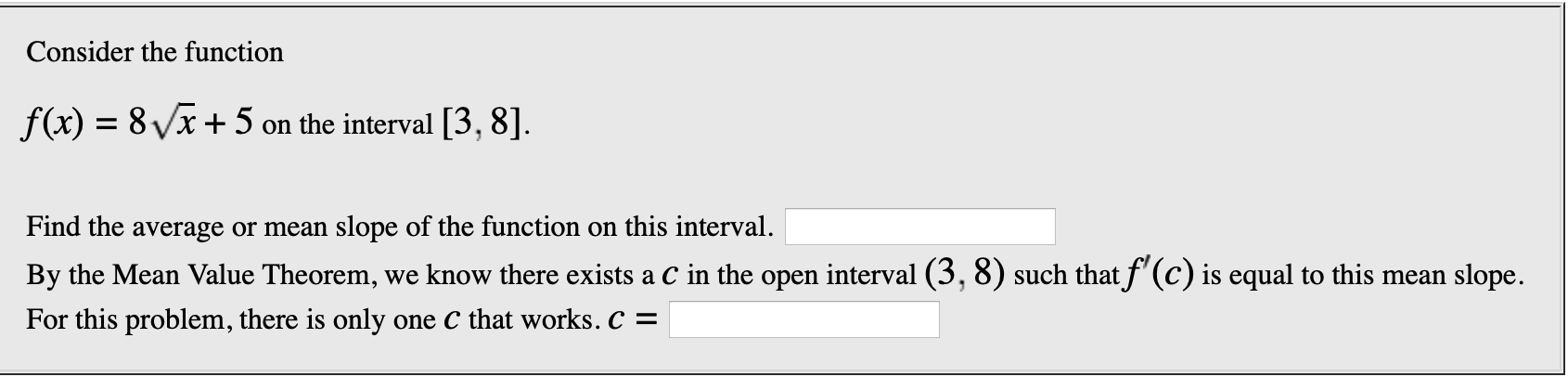Solved Consider the function f(x) = 8Vx+ 5 on the interval | Chegg.com