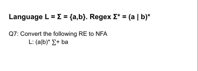 Solved Language L=Σ={a,b}. Regex Σ∗=(a∣b)∗ Q7: Convert The | Chegg.com