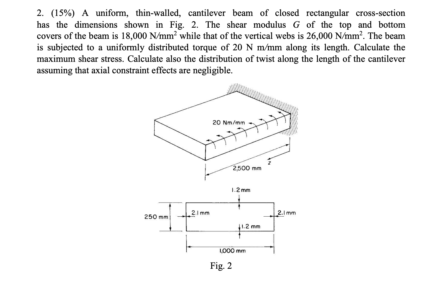 solved 1.1 the beam of a rectangular thin-walled... Solved 2. (15%) A uniform, thin-walled, cantilever beam of | Chegg.com