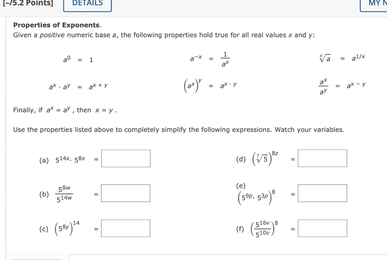 Solved Properties of Exponents. Given a positive numeric | Chegg.com