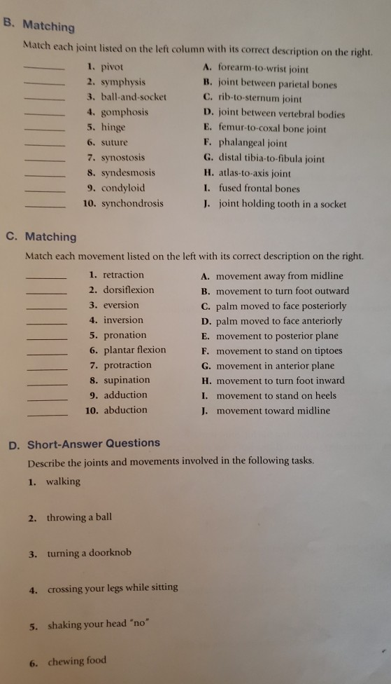 Solved B Matching Match Each Joint Listed On The Left 