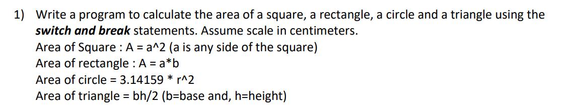 find area of rectangle circle and square using switch case