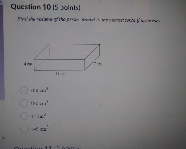 Solved Question 10 (5 points) Find the volume of the prism. | Chegg.com