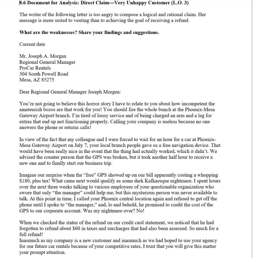 Solved 8.6 Document for Analysis Direct ClaimVery Unhappy