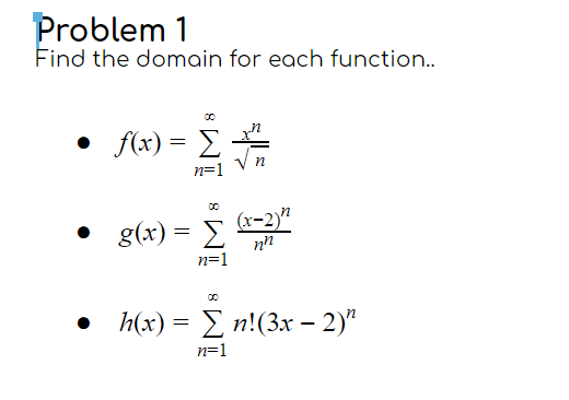 Solved Problem 1 Find the domain for each function.. • f(x) | Chegg.com