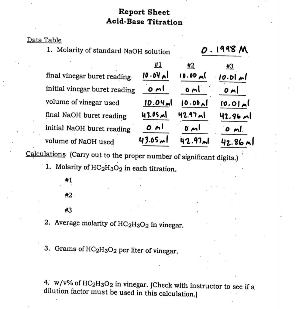 Solved Report Sheet AcidBase Titration Data Table 1.
