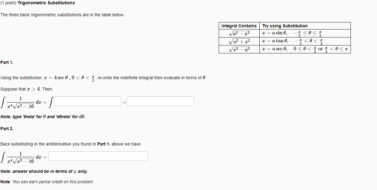 Solved (1 Point) Trigonometric Substitutions The Three Basic | Chegg.com