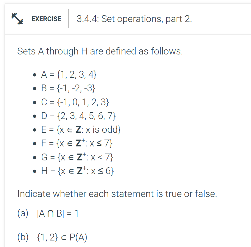 Solved EXERCISE 3.4.4: Set operations, part 2. Sets A | Chegg.com