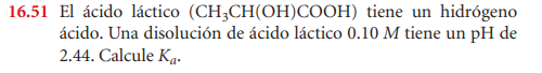 16.51 El ácido láctico (CH2CH(OH)COOH) tiene un hidrógeno ácido. Una disolución de ácido láctico 0.10 M tiene un pH de 2.44.