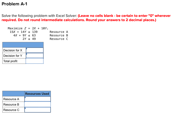 Solved Problem A-1 Solve the following problem with Excel | Chegg.com