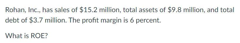 Solved Rohan, Inc., has sales of $15.2 million, total assets | Chegg.com