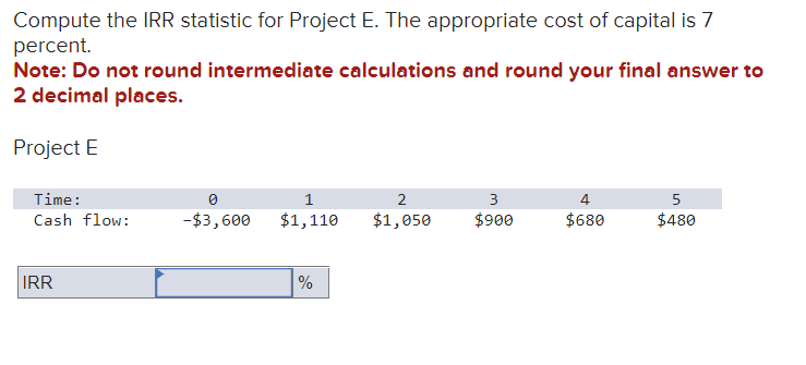 Solved Compute the IRR statistic for Project E. The | Chegg.com