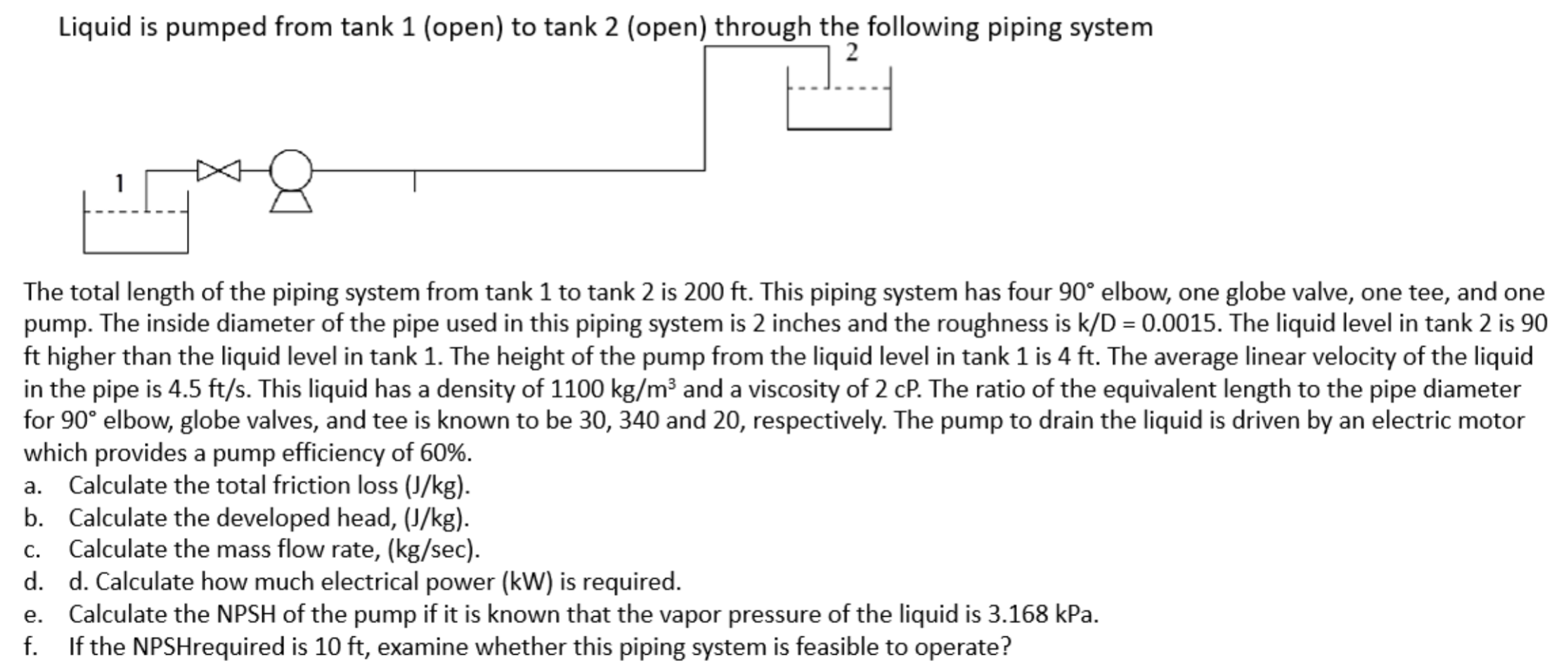 Solved Liquid is pumped from tank 1 (open) to tank 2 (open) | Chegg.com