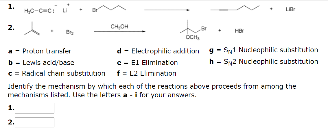 Solved 1. 1₂c-c: H3C-CEC: + Li Br + LiBr 2. t CH3OH Br + Br2 | Chegg.com