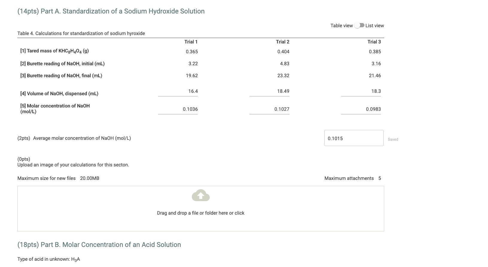 (18pts) Part B. Molar Concentration of an Acid | Chegg.com