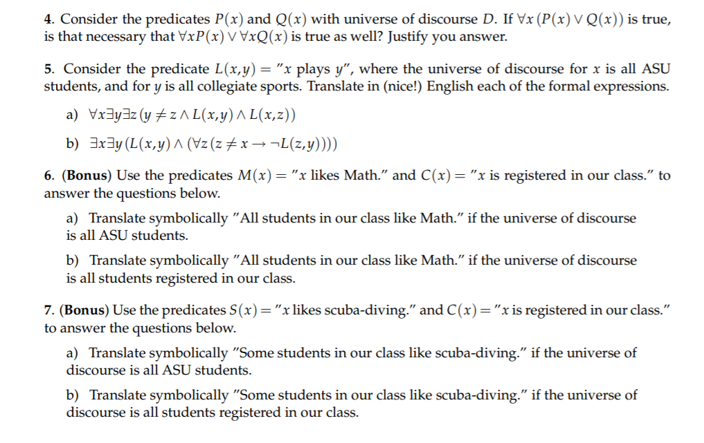 Solved 4 Consider The Predicates P X And Q X With Univ Chegg Com