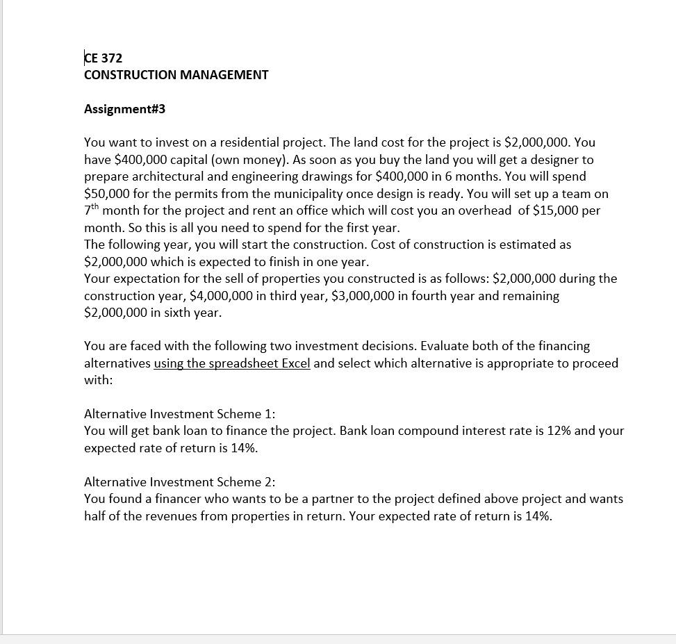 Solved CE 372 CONSTRUCTION MANAGEMENT Assignment#3 You want | Chegg.com