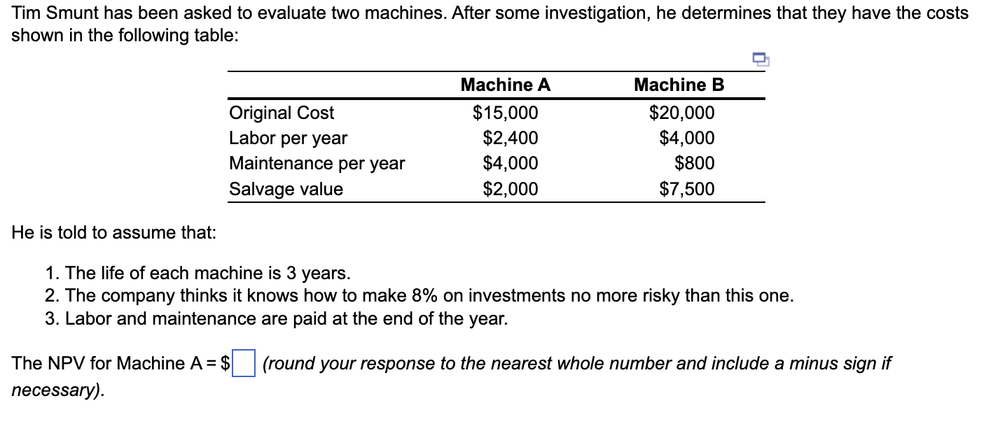 Solved Tim Smunt has been asked to evaluate two machines. | Chegg.com