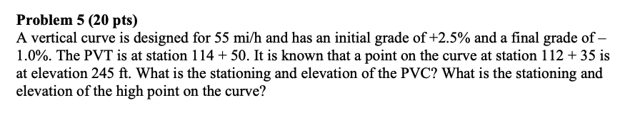 Solved Problem 5 (20 pts) A vertical curve is designed for | Chegg.com