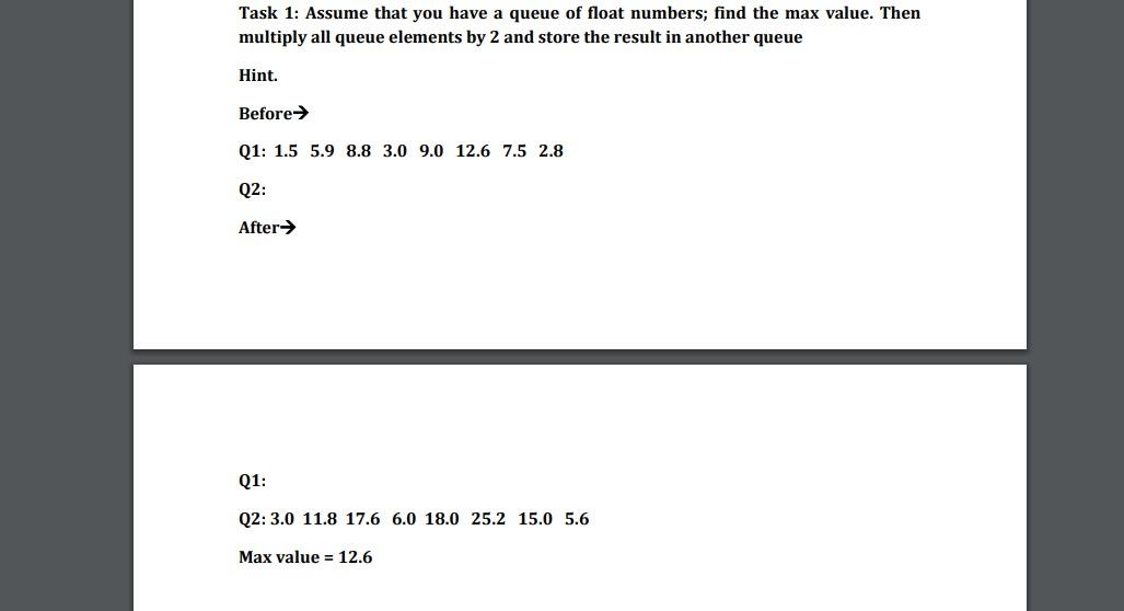Solved Task 1: Assume that you have a queue of float | Chegg.com