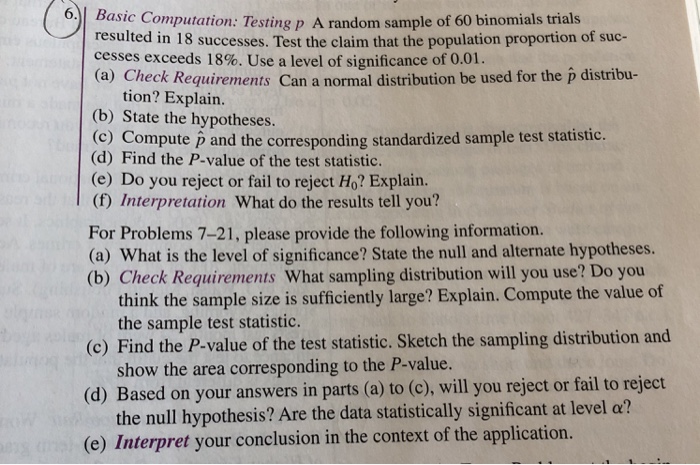 Solved 6. Basic Computation: Testing p A random sample of 60 | Chegg.com
