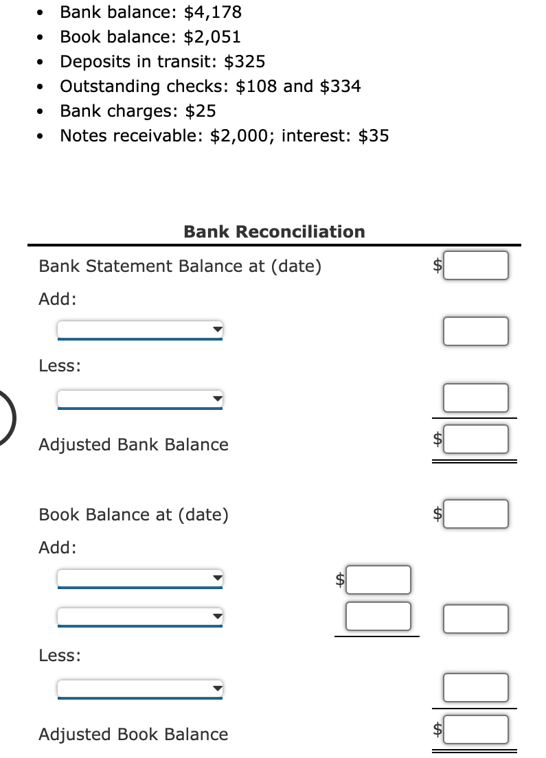 Solved Bank balance 4,178 Book balance 2,051