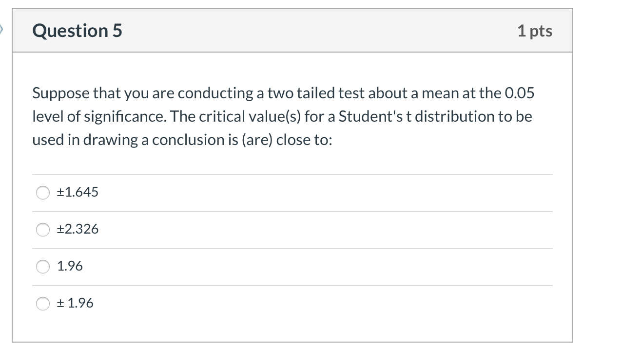 Solved Question 5 1 pts Suppose that you are conducting a | Chegg.com