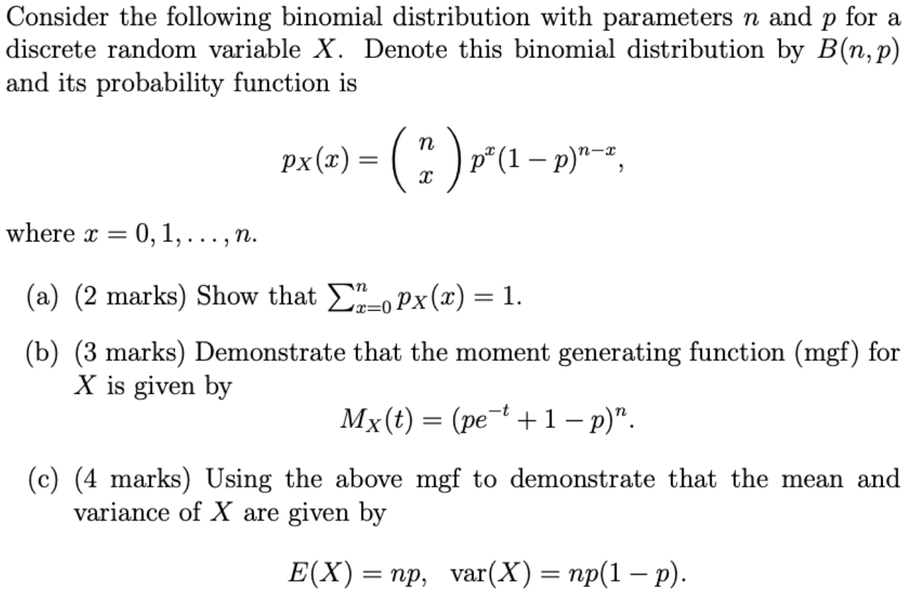 Solved Consider The Following Binomial Distribution With 8896