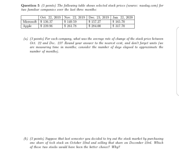 Solved Question 5 (5 points) The following table shows | Chegg.com